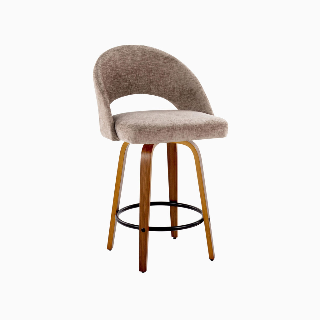 Renee Upholstered 26" Fixed-Height Counter Stool - Set of 2 - Walnut Wood, Brown Fabric, Black Metal
