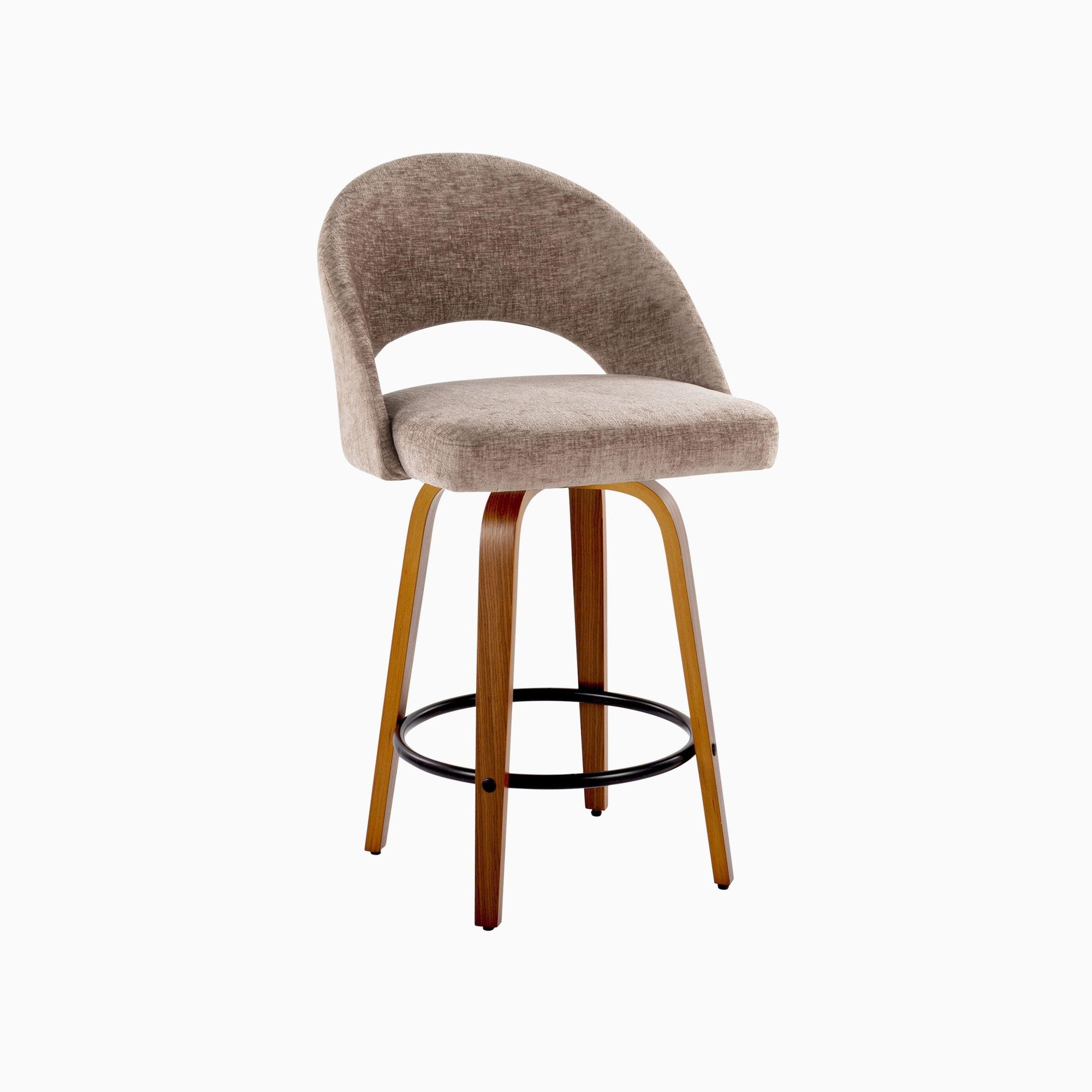 Renee Upholstered 26" Fixed-Height Counter Stool - Set of 2 - Walnut Wood, Brown Fabric, Black Metal