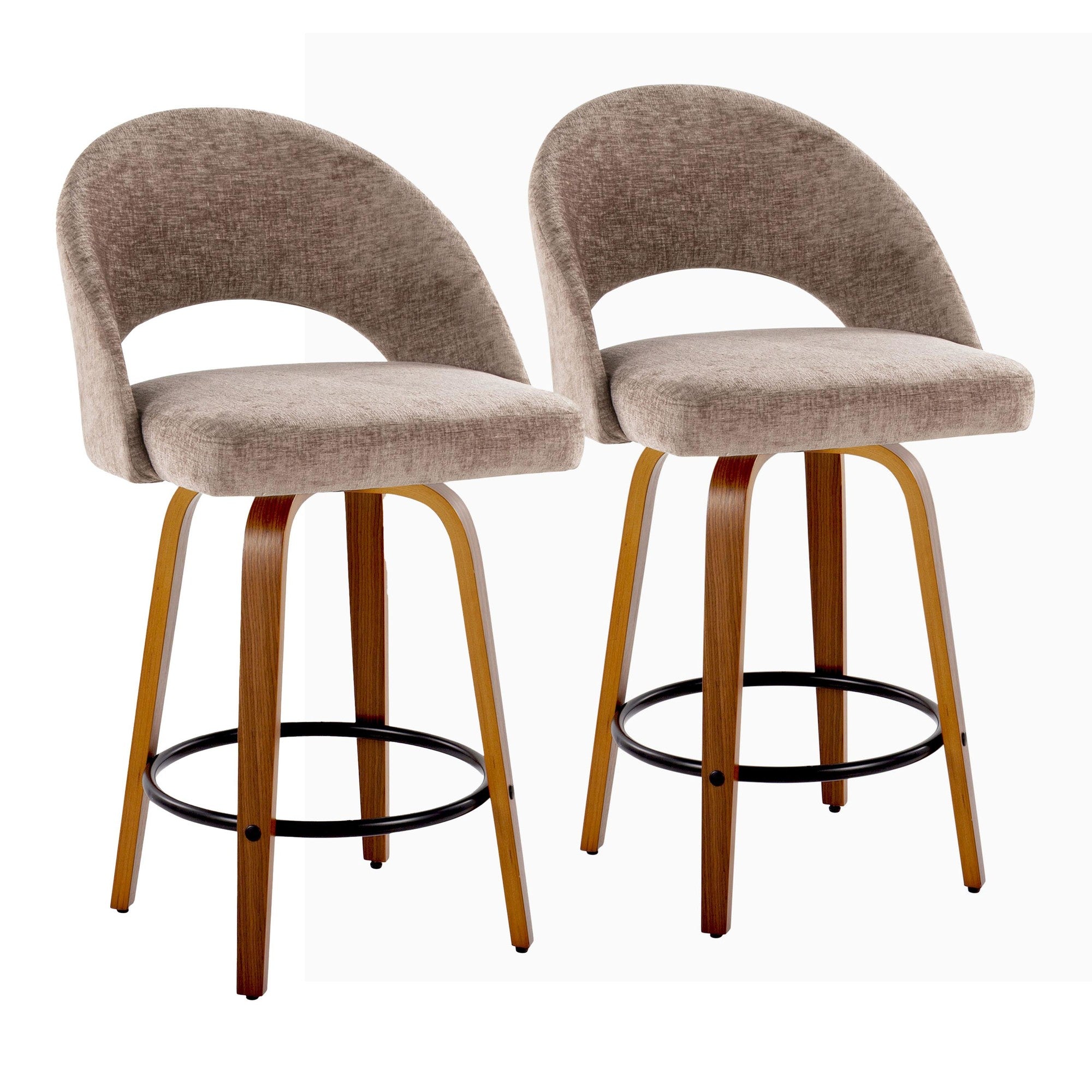 Renee Upholstered 26" Fixed-Height Counter Stool - Set of 2 - Walnut Wood, Brown Fabric, Black Metal