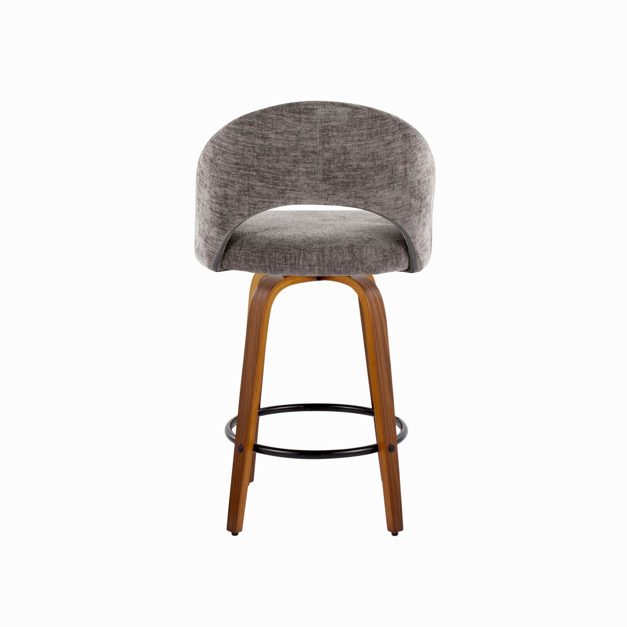 Renee Upholstered 26" Fixed-Height Counter Stool - Set of 2 - Walnut Wood, Dark Grey Fabric, Black Metal