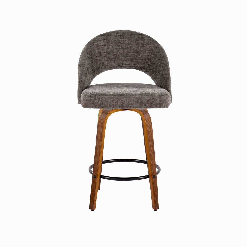 Renee Upholstered 26" Fixed-Height Counter Stool - Set of 2 - Walnut Wood, Dark Grey Fabric, Black Metal