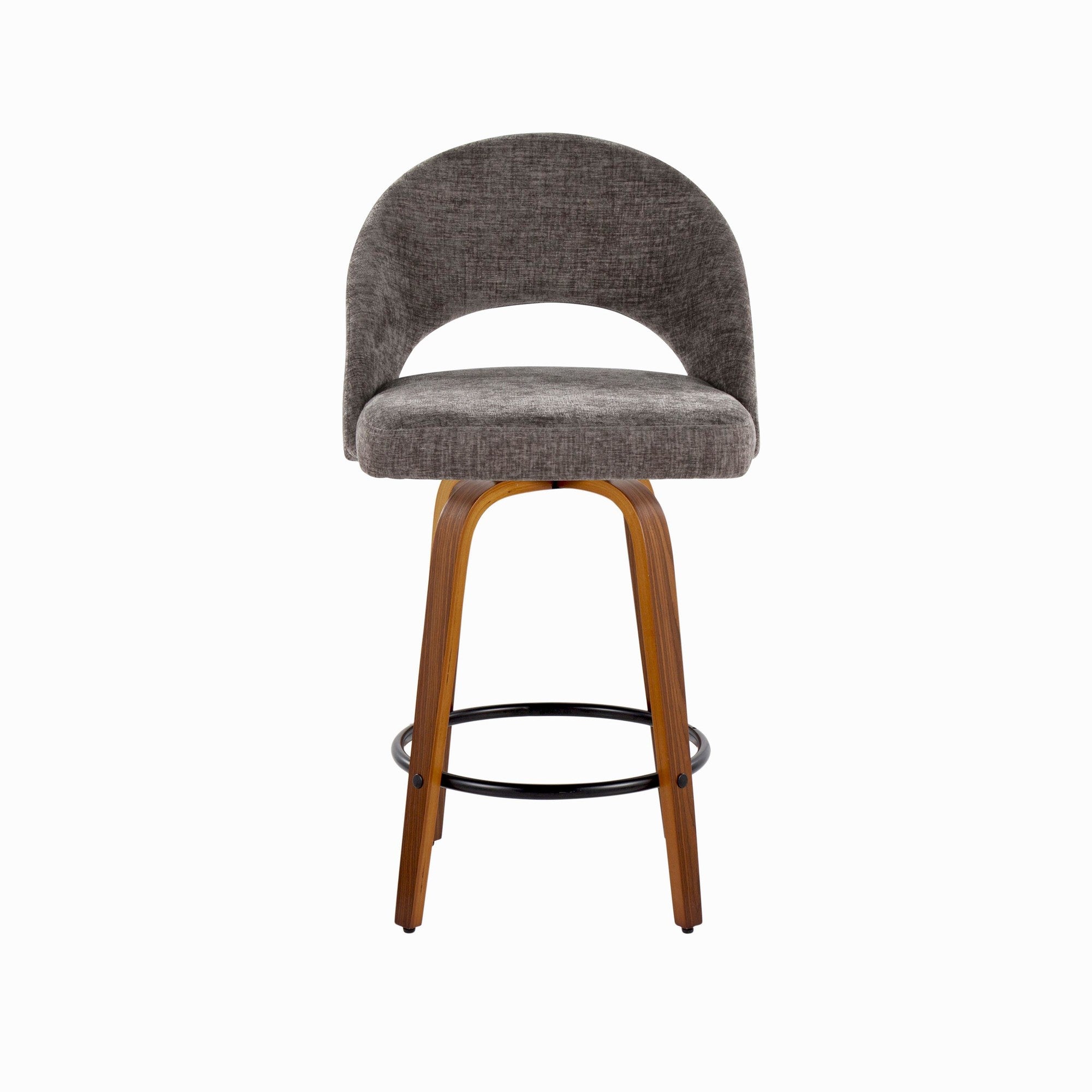 Renee Upholstered 26" Fixed-Height Counter Stool - Set of 2 - Walnut Wood, Dark Grey Fabric, Black Metal