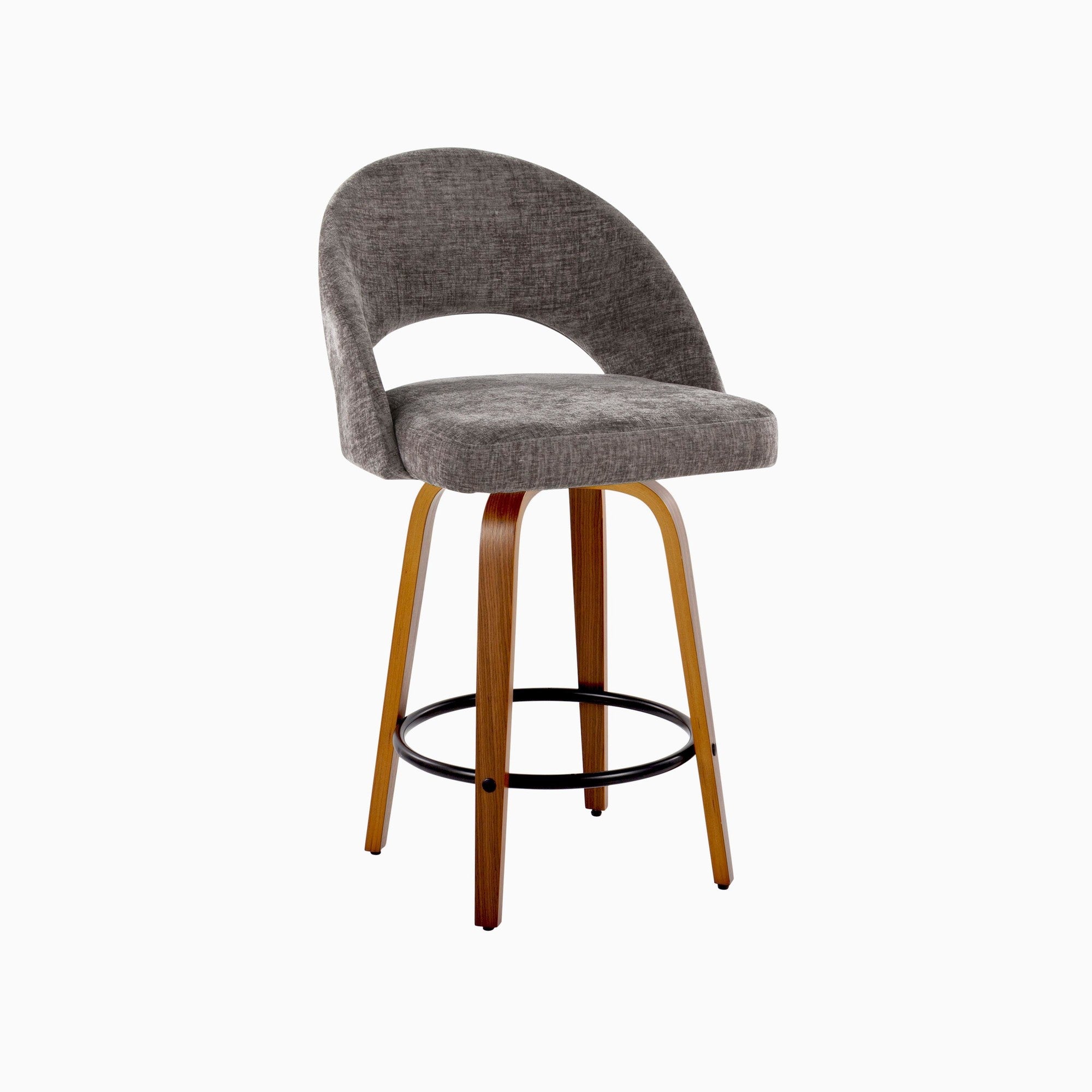 Renee Upholstered 26" Fixed-Height Counter Stool - Set of 2 - Walnut Wood, Dark Grey Fabric, Black Metal