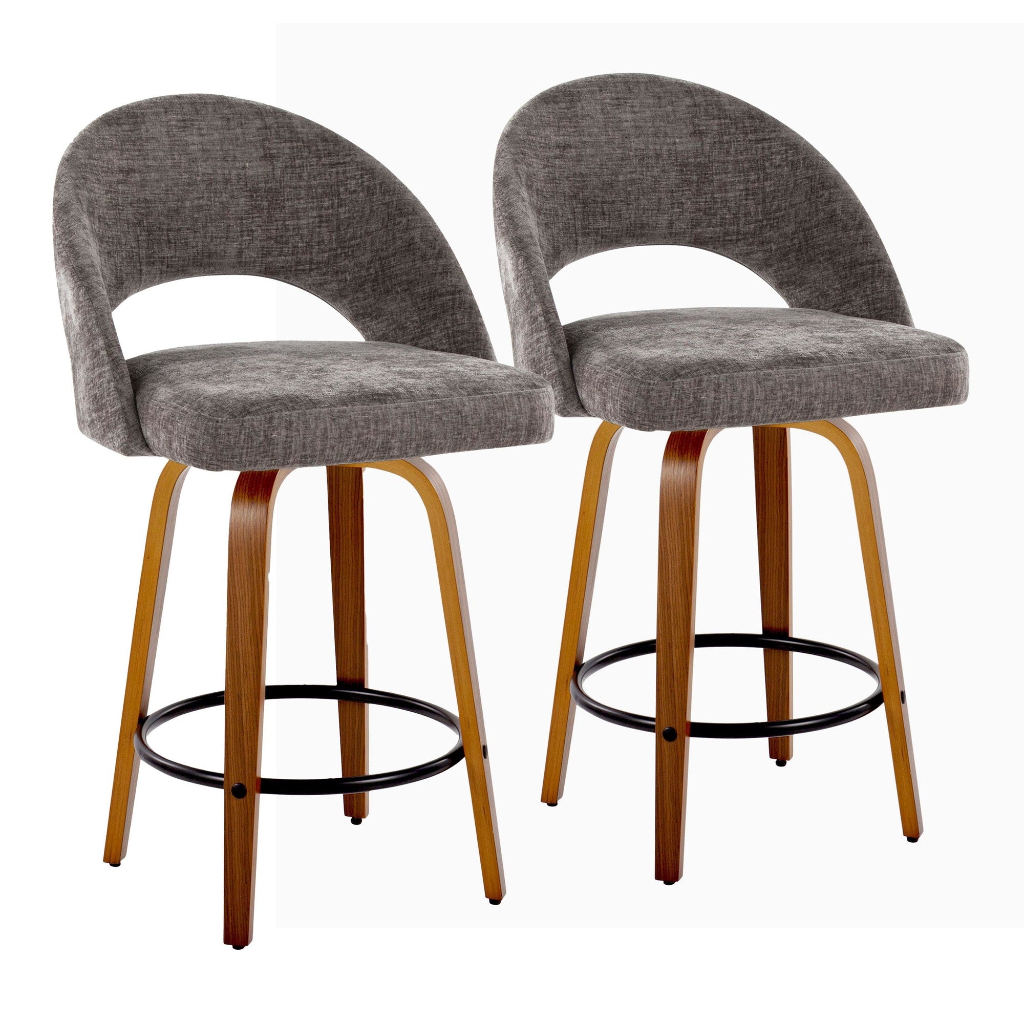 Renee Upholstered 26" Fixed-Height Counter Stool - Set of 2 - Walnut Wood, Dark Grey Fabric, Black Metal