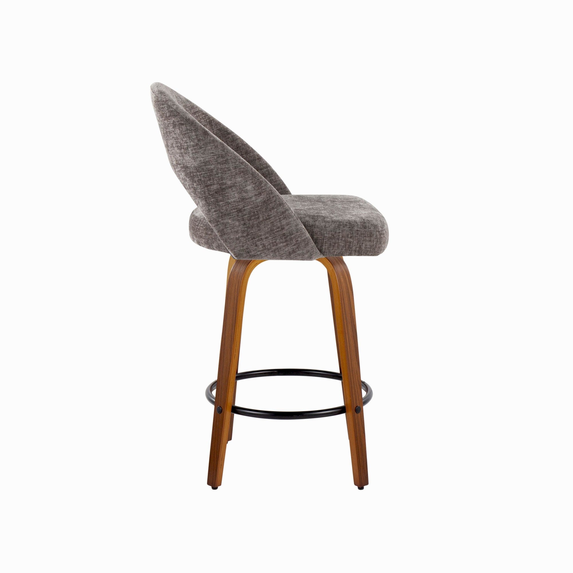Renee Upholstered 26" Fixed-Height Counter Stool - Set of 2 - Walnut Wood, Dark Grey Fabric, Black Metal