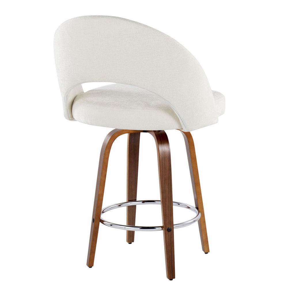 Renee Upholstered 26" Fixed-Height Counter Stool - Set of 2 - Walnut Wood, Cream Fabric, Chrome Metal