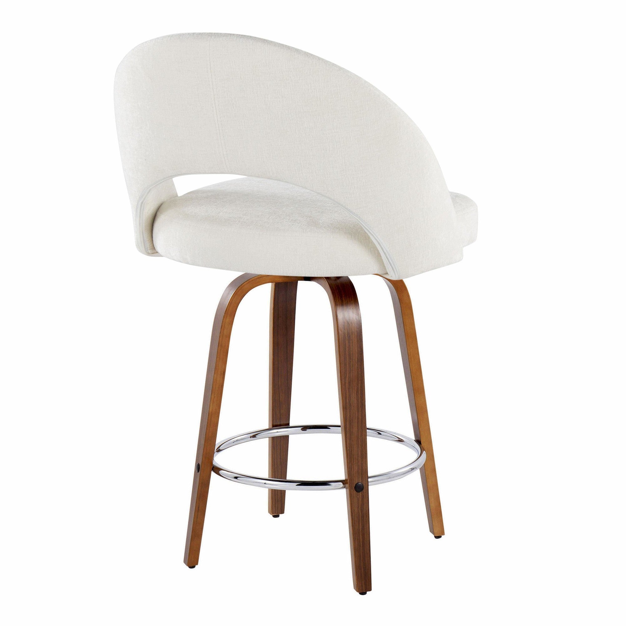 Renee Upholstered 26" Fixed-Height Counter Stool - Set of 2 - Walnut Wood, Cream Fabric, Chrome Metal