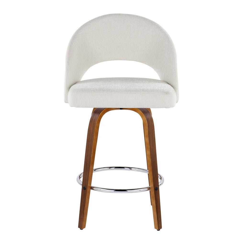 Renee Upholstered 26" Fixed-Height Counter Stool - Set of 2 - Walnut Wood, Cream Fabric, Chrome Metal