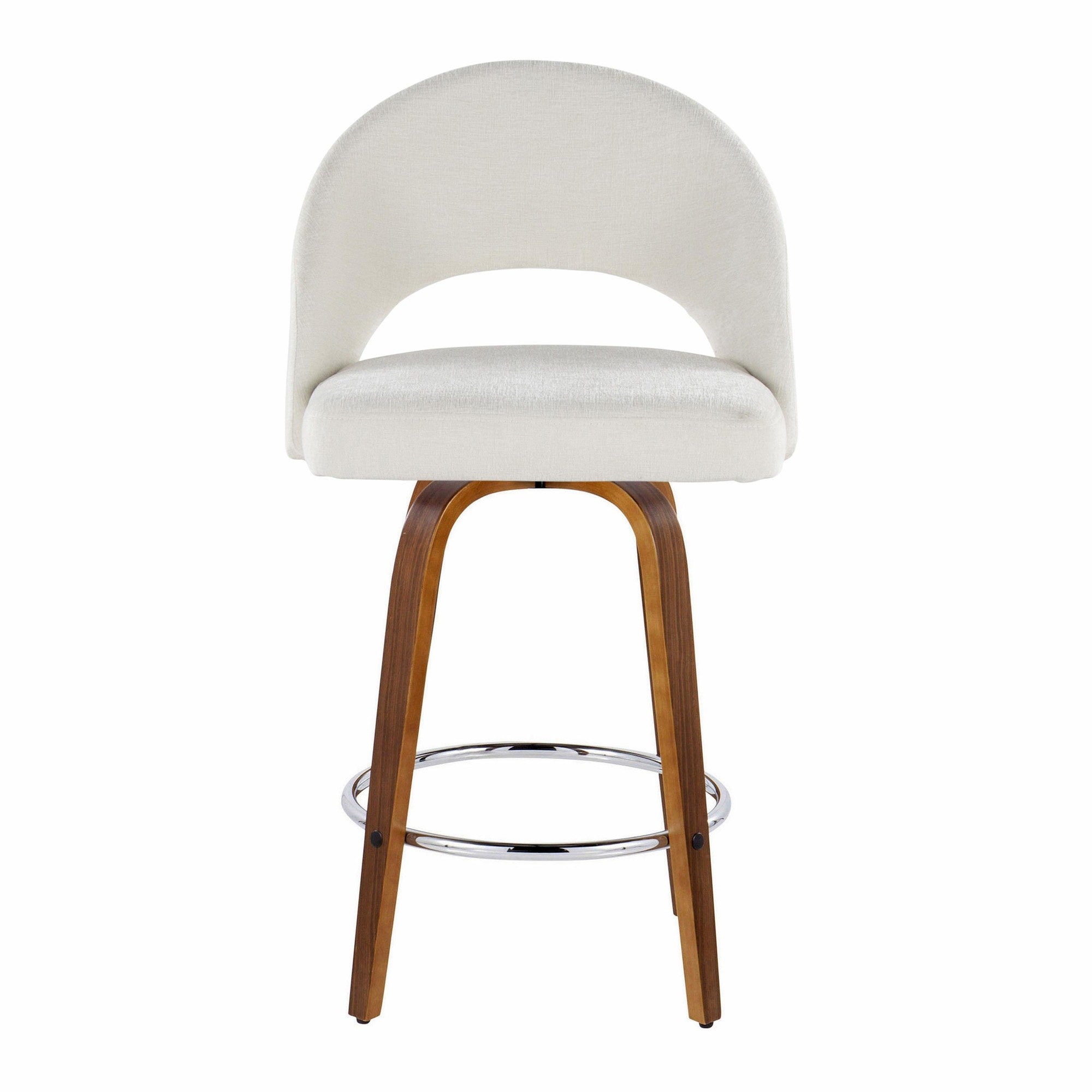 Renee Upholstered 26" Fixed-Height Counter Stool - Set of 2 - Walnut Wood, Cream Fabric, Chrome Metal