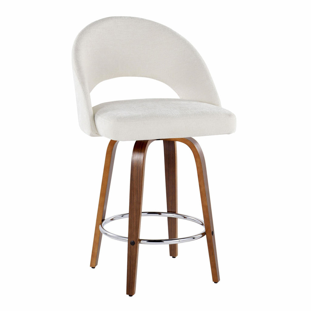 Renee Upholstered 26" Fixed-Height Counter Stool - Set of 2 - Walnut Wood, Cream Fabric, Chrome Metal