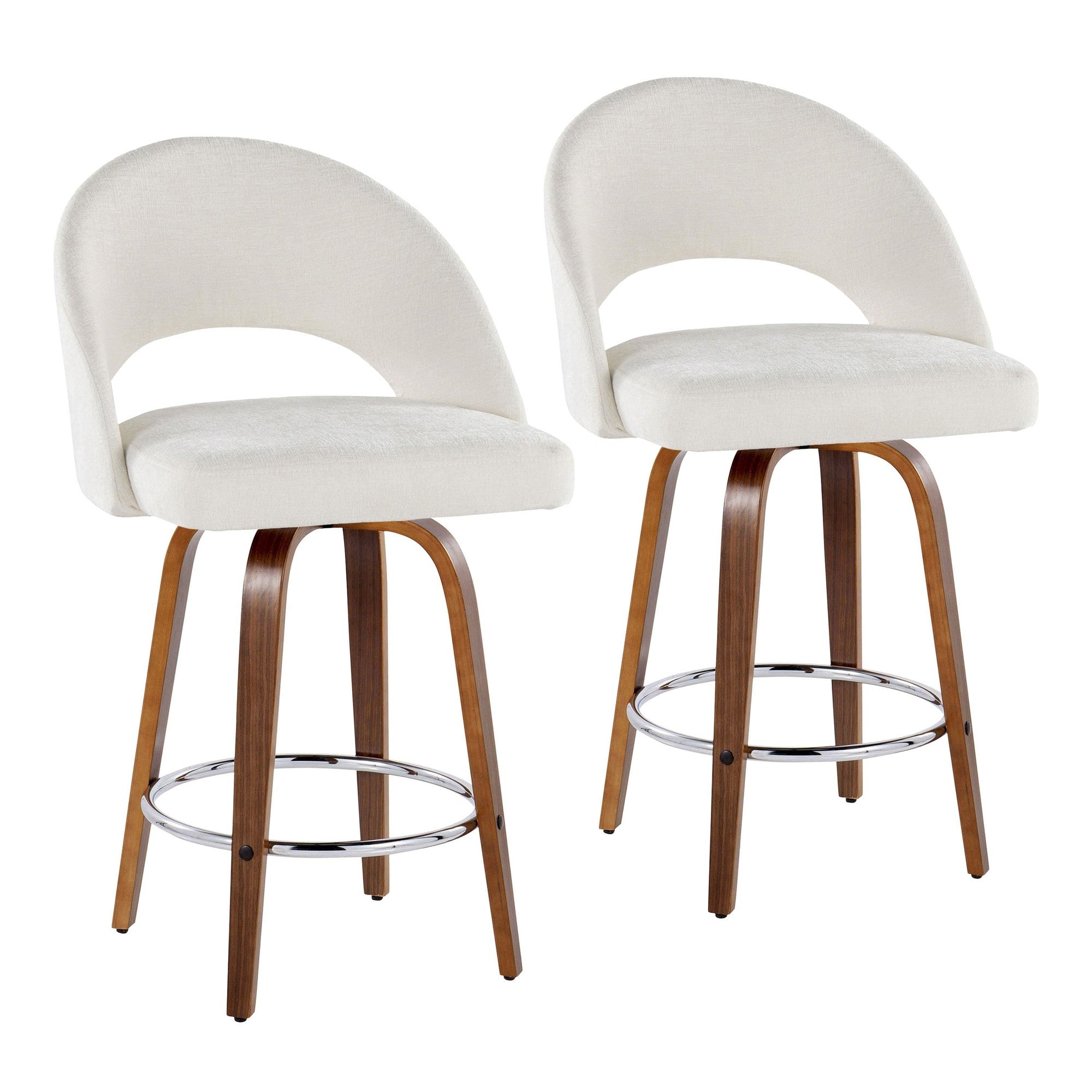 Renee Upholstered 26" Fixed-Height Counter Stool - Set of 2 - Walnut Wood, Cream Fabric, Chrome Metal