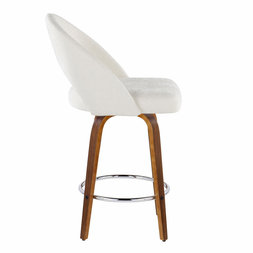 Renee Upholstered 26" Fixed-Height Counter Stool - Set of 2 - Walnut Wood, Cream Fabric, Chrome Metal