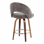 Renee Upholstered 26" Fixed-Height Counter Stool - Set of 2 - Walnut Wood, Dark Grey Fabric, Chrome Metal