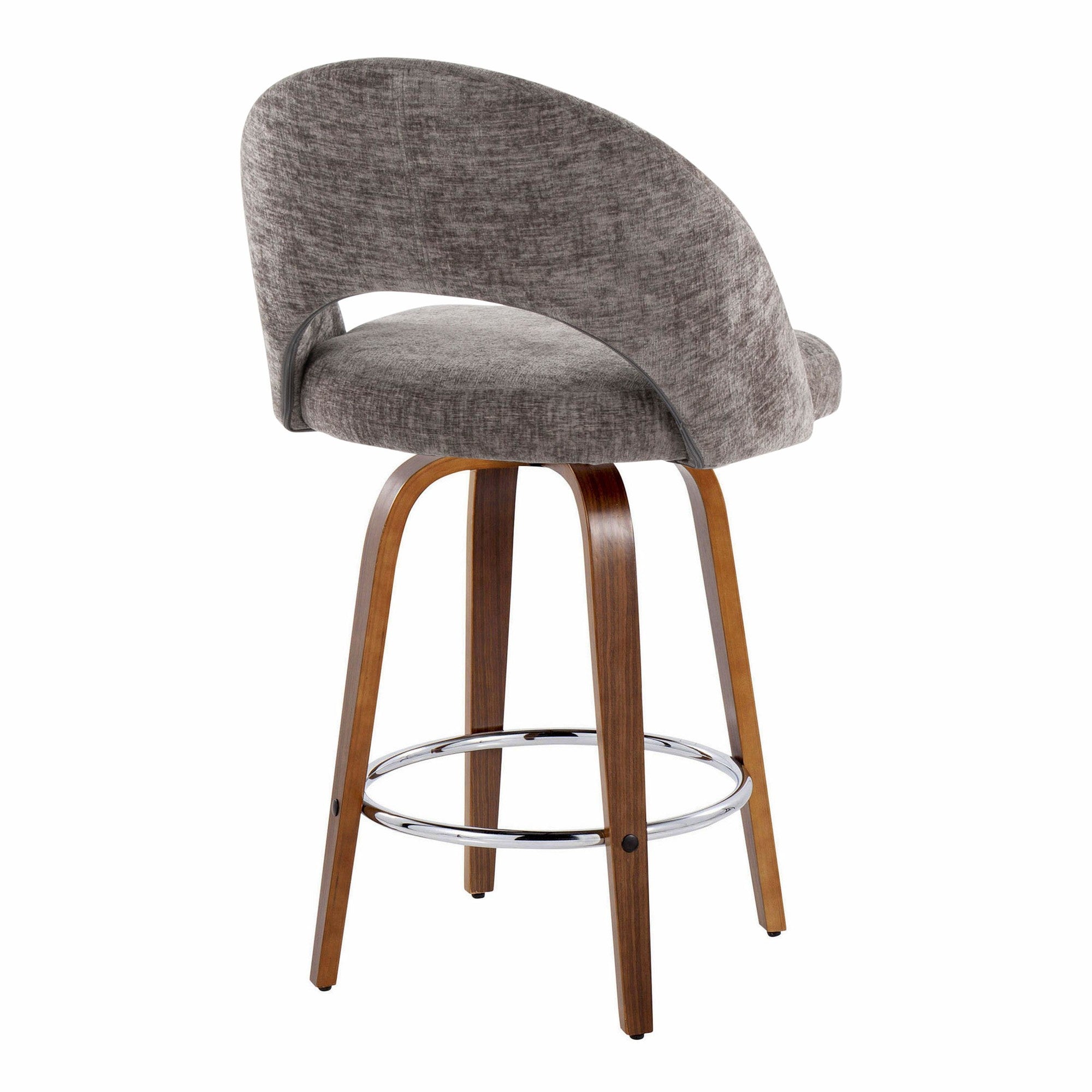 Renee Upholstered 26" Fixed-Height Counter Stool - Set of 2 - Walnut Wood, Dark Grey Fabric, Chrome Metal