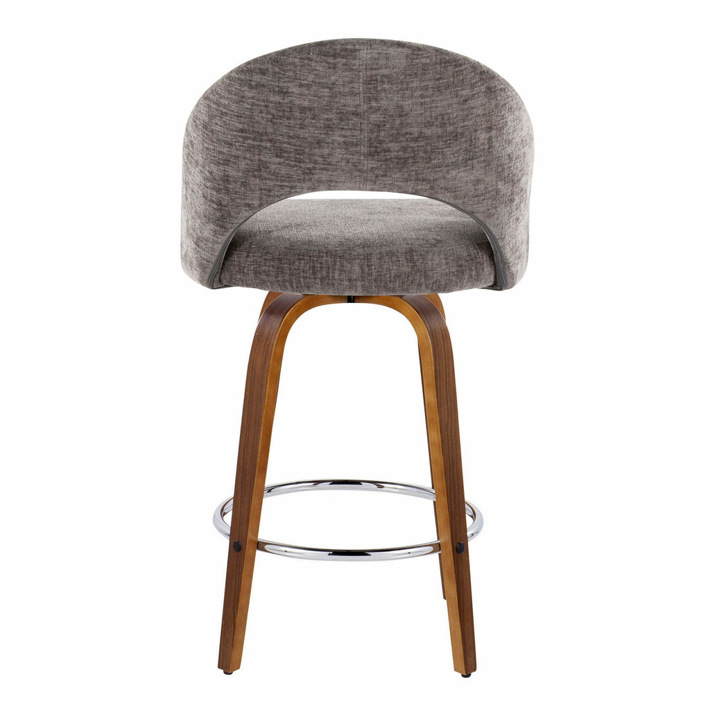 Renee Upholstered 26" Fixed-Height Counter Stool - Set of 2 - Walnut Wood, Dark Grey Fabric, Chrome Metal