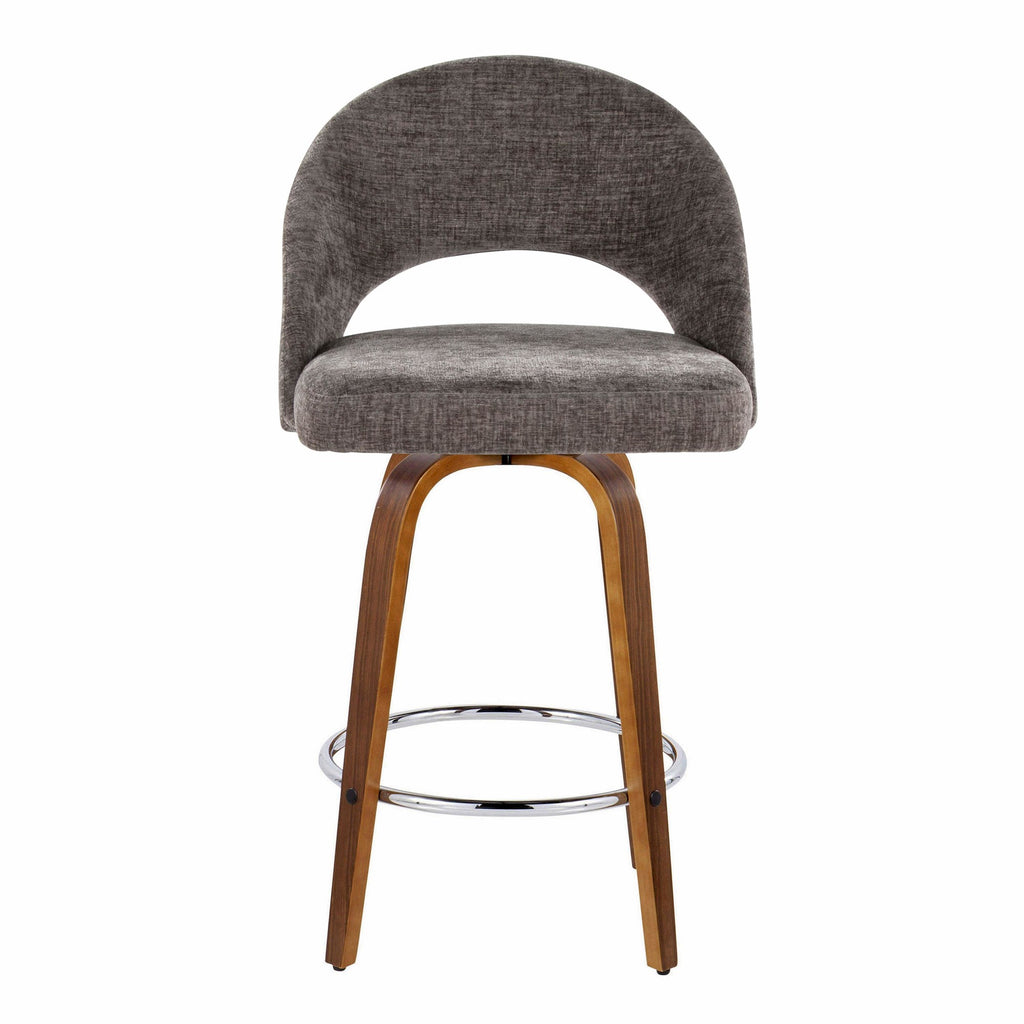 Renee Upholstered 26" Fixed-Height Counter Stool - Set of 2 - Walnut Wood, Dark Grey Fabric, Chrome Metal