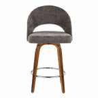 Renee Upholstered 26" Fixed-Height Counter Stool - Set of 2 - Walnut Wood, Dark Grey Fabric, Chrome Metal