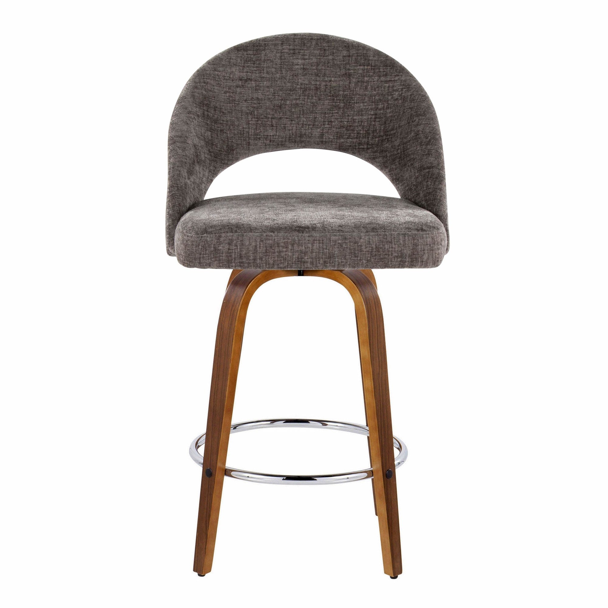 Renee Upholstered 26" Fixed-Height Counter Stool - Set of 2 - Walnut Wood, Dark Grey Fabric, Chrome Metal