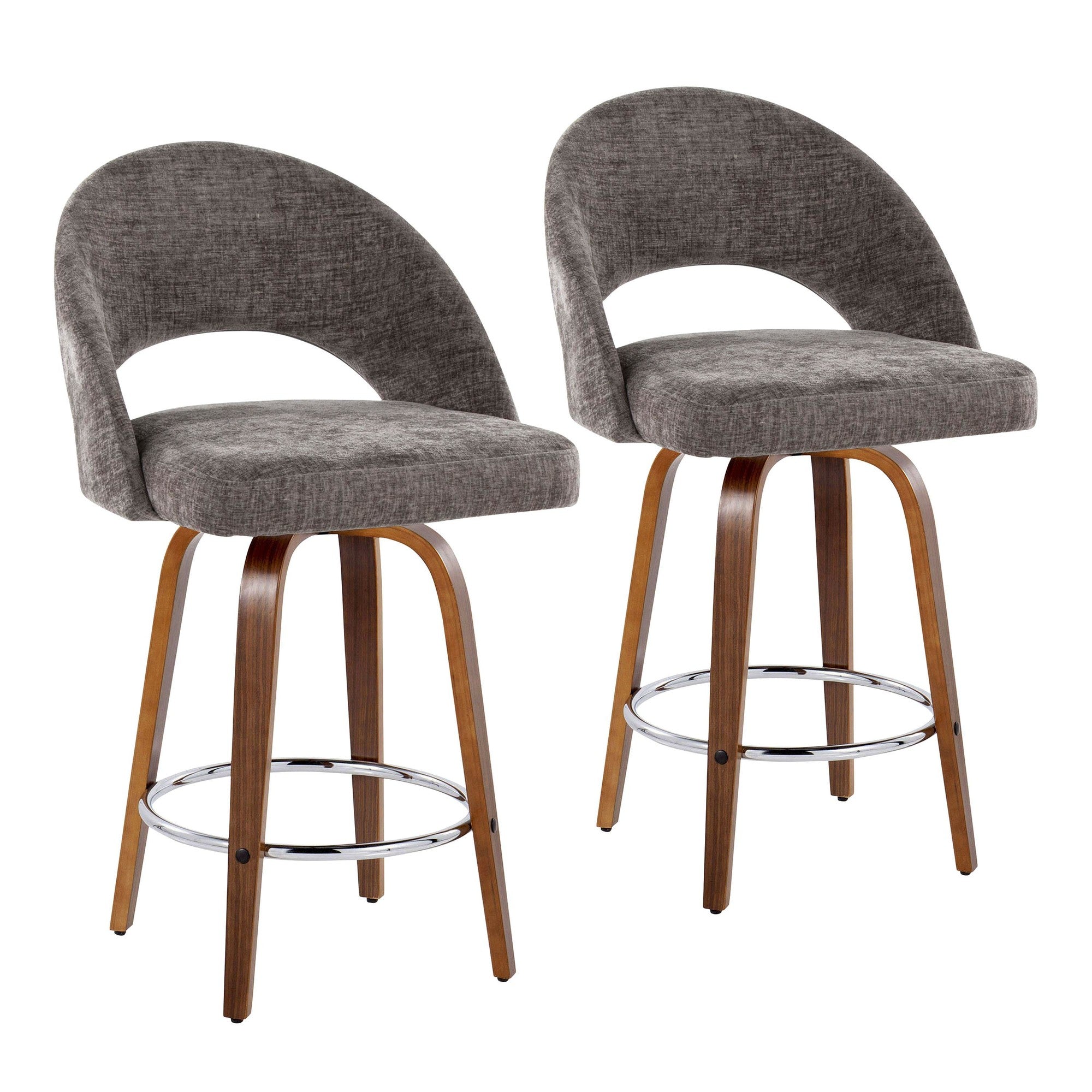 Renee Upholstered 26" Fixed-Height Counter Stool - Set of 2 - Walnut Wood, Dark Grey Fabric, Chrome Metal