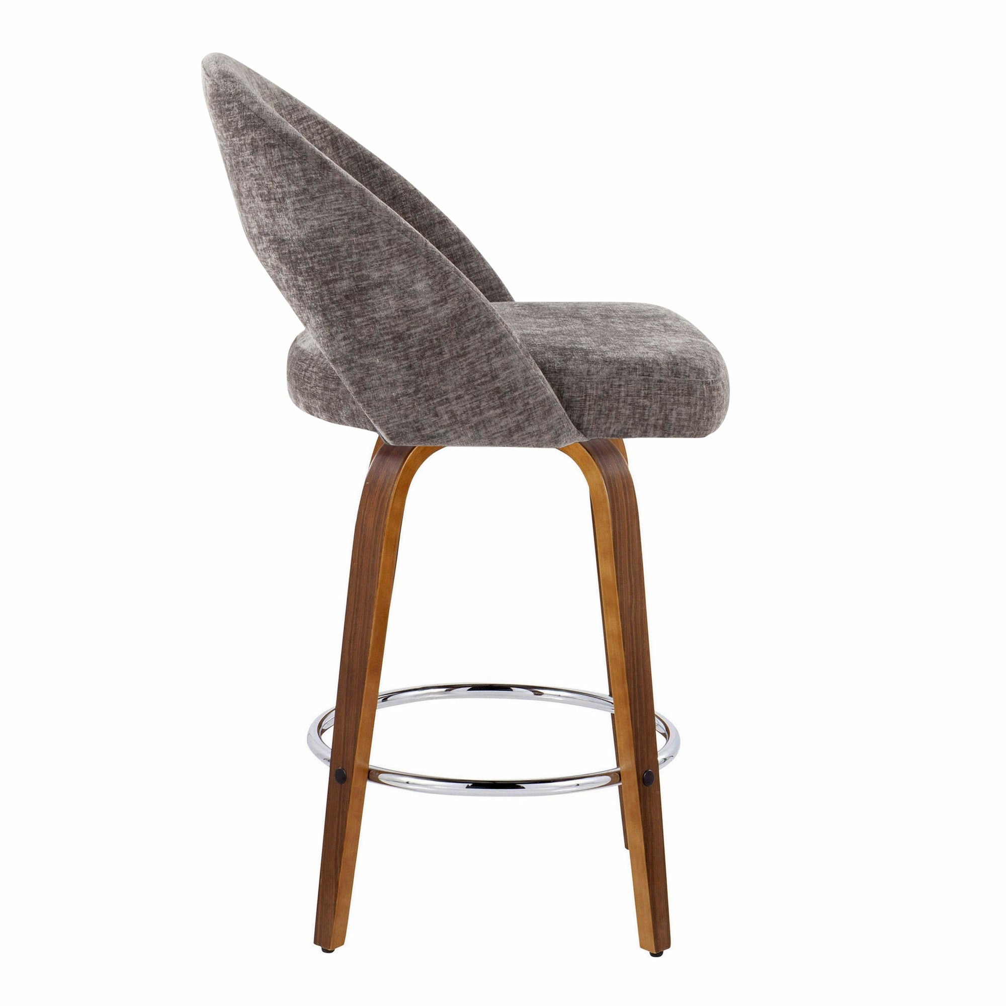 Renee Upholstered 26" Fixed-Height Counter Stool - Set of 2 - Walnut Wood, Dark Grey Fabric, Chrome Metal