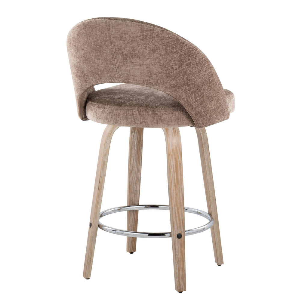 Renee Upholstered 26" Fixed-Height Counter Stool - Set of 2 - Whitewashed Wood, Brown Fabric, Chrome Metal