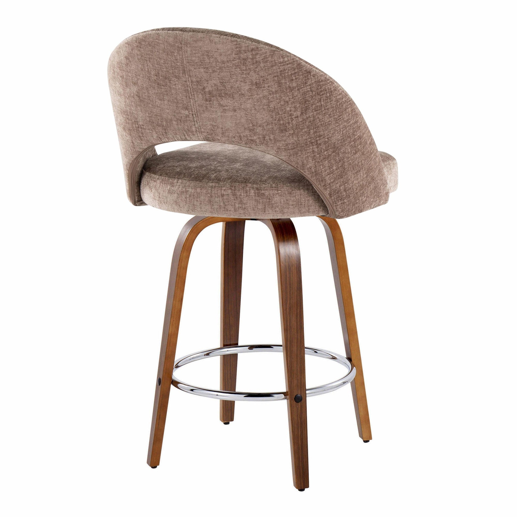 Renee Upholstered 26" Fixed-Height Counter Stool - Set of 2 - Walnut Wood, Brown Fabric, Chrome Metal
