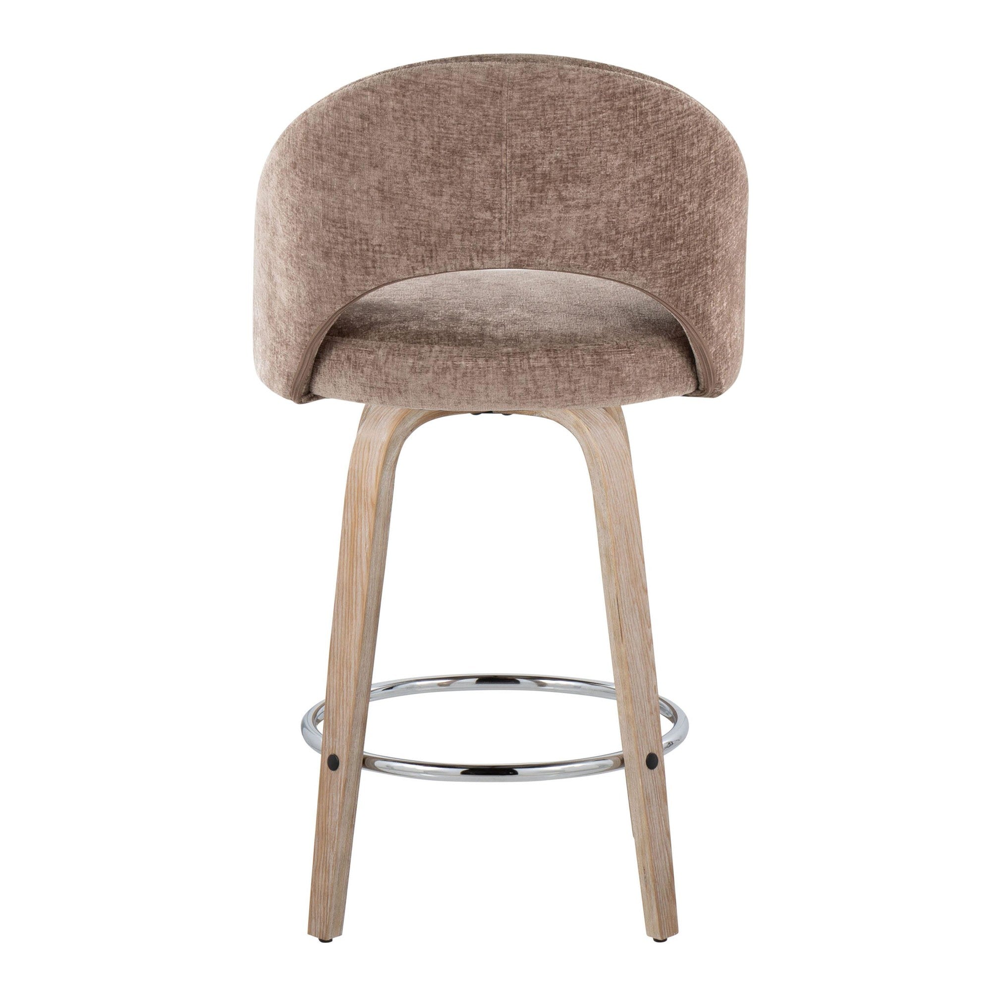 Renee Upholstered 26" Fixed-Height Counter Stool - Set of 2 - Whitewashed Wood, Brown Fabric, Chrome Metal