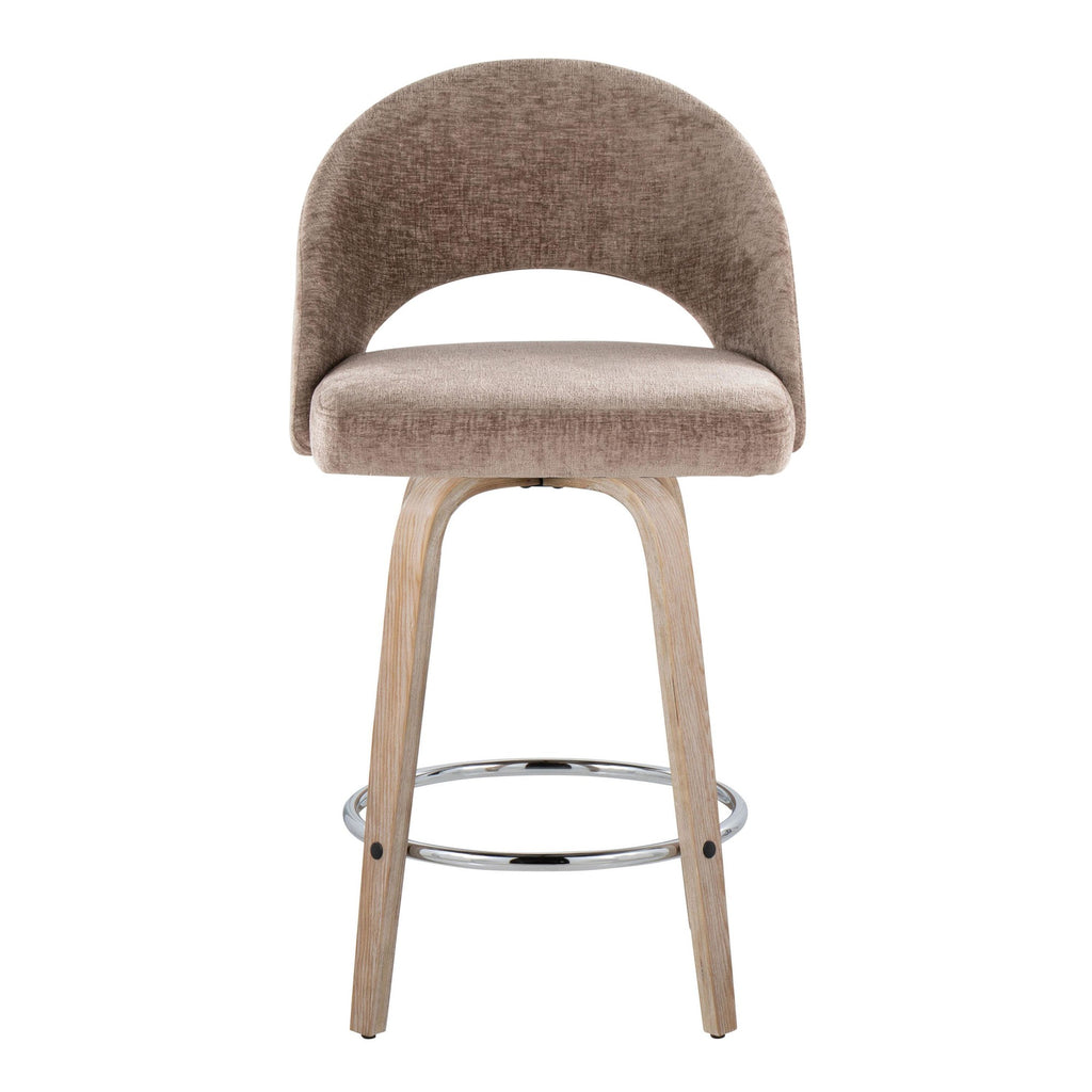 Renee Upholstered 26" Fixed-Height Counter Stool - Set of 2 - Whitewashed Wood, Brown Fabric, Chrome Metal