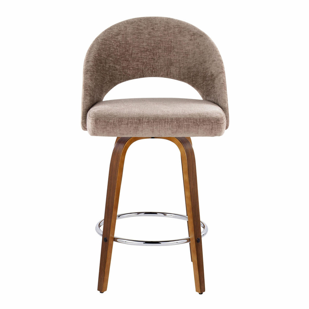 Renee Upholstered 26" Fixed-Height Counter Stool - Set of 2 - Walnut Wood, Brown Fabric, Chrome Metal
