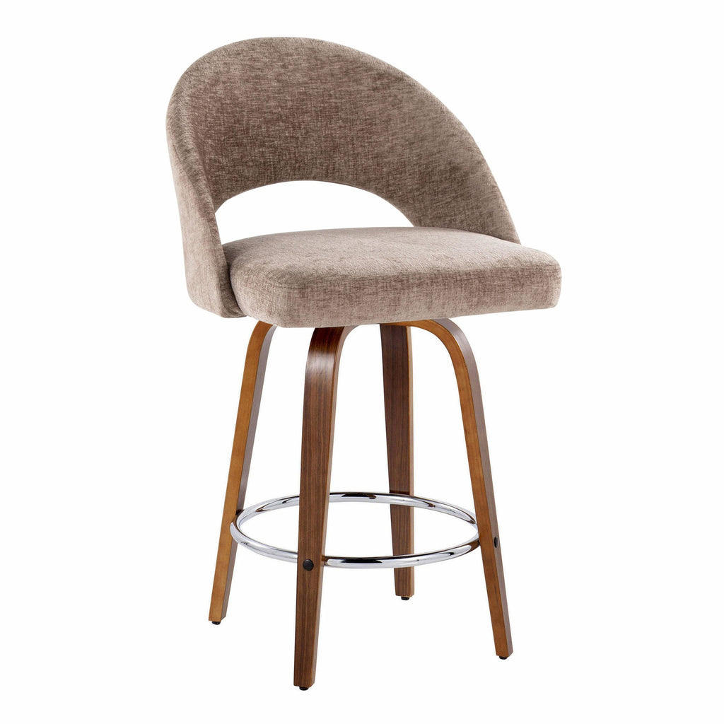 Renee Upholstered 26" Fixed-Height Counter Stool - Set of 2 - Walnut Wood, Brown Fabric, Chrome Metal