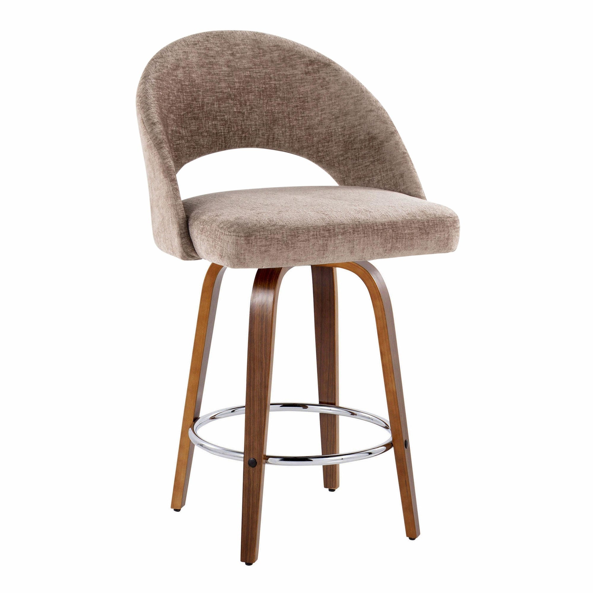 Renee Upholstered 26" Fixed-Height Counter Stool - Set of 2 - Walnut Wood, Brown Fabric, Chrome Metal
