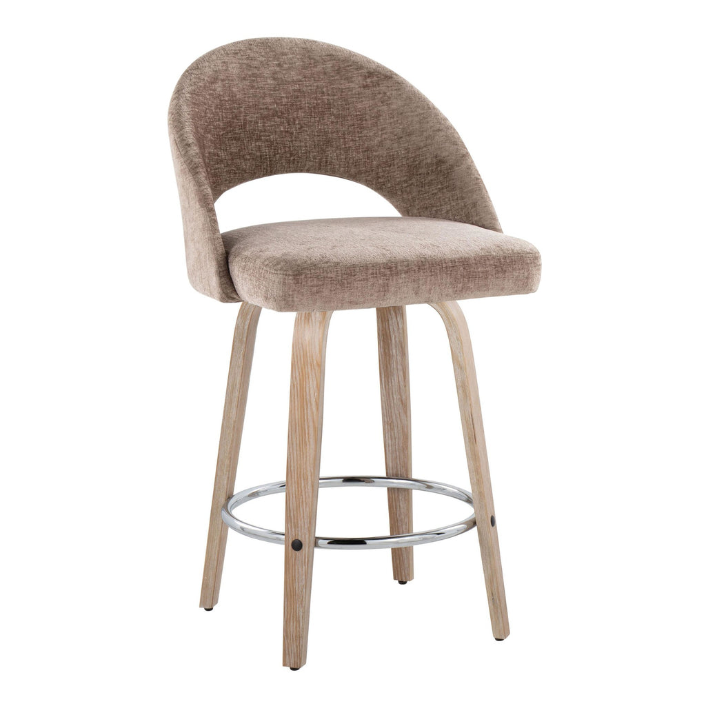 Renee Upholstered 26" Fixed-Height Counter Stool - Set of 2 - Whitewashed Wood, Brown Fabric, Chrome Metal