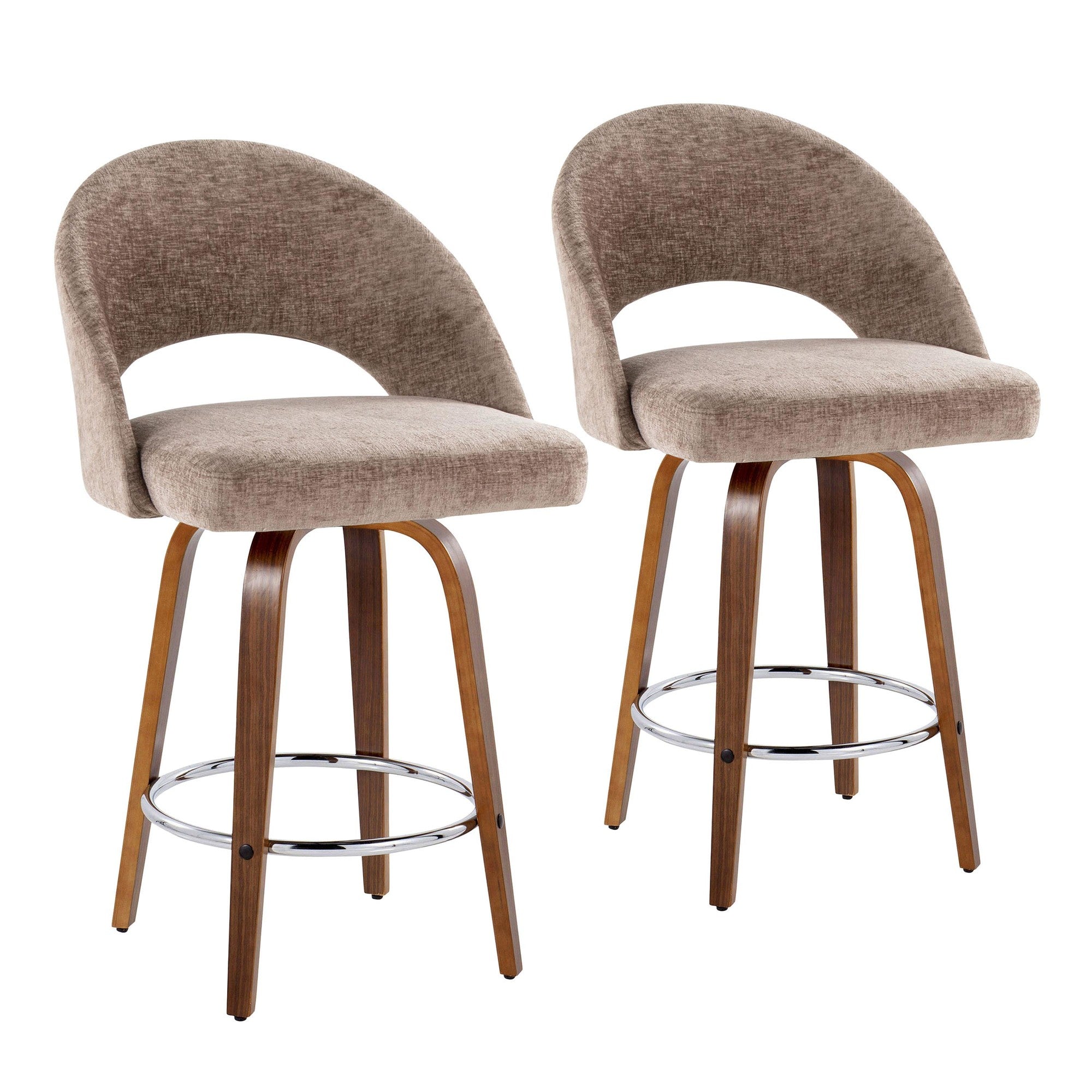 Renee Upholstered 26" Fixed-Height Counter Stool - Set of 2 - Walnut Wood, Brown Fabric, Chrome Metal