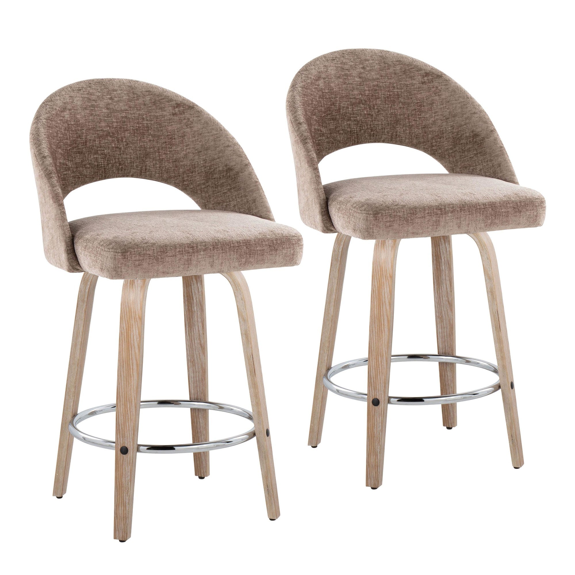 Renee Upholstered 26" Fixed-Height Counter Stool - Set of 2 - Whitewashed Wood, Brown Fabric, Chrome Metal