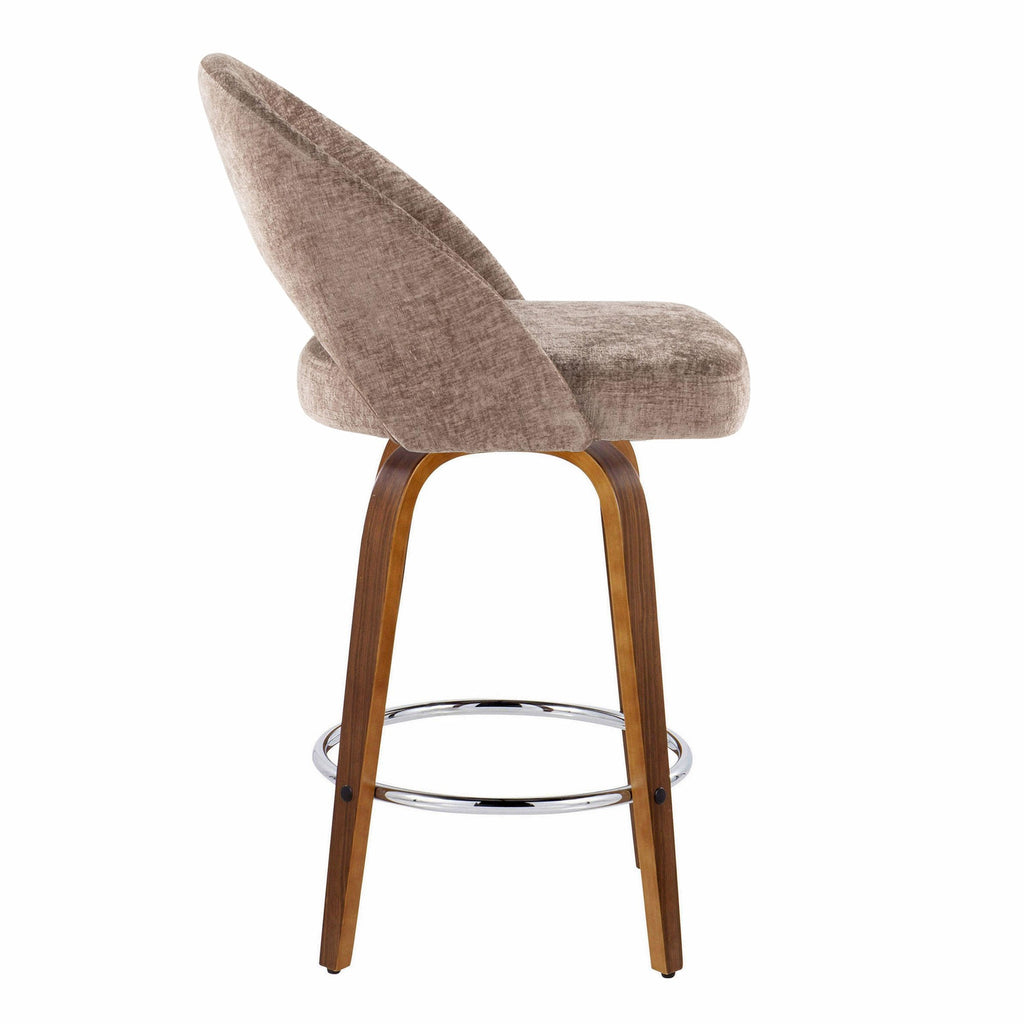 Renee Upholstered 26" Fixed-Height Counter Stool - Set of 2 - Walnut Wood, Brown Fabric, Chrome Metal