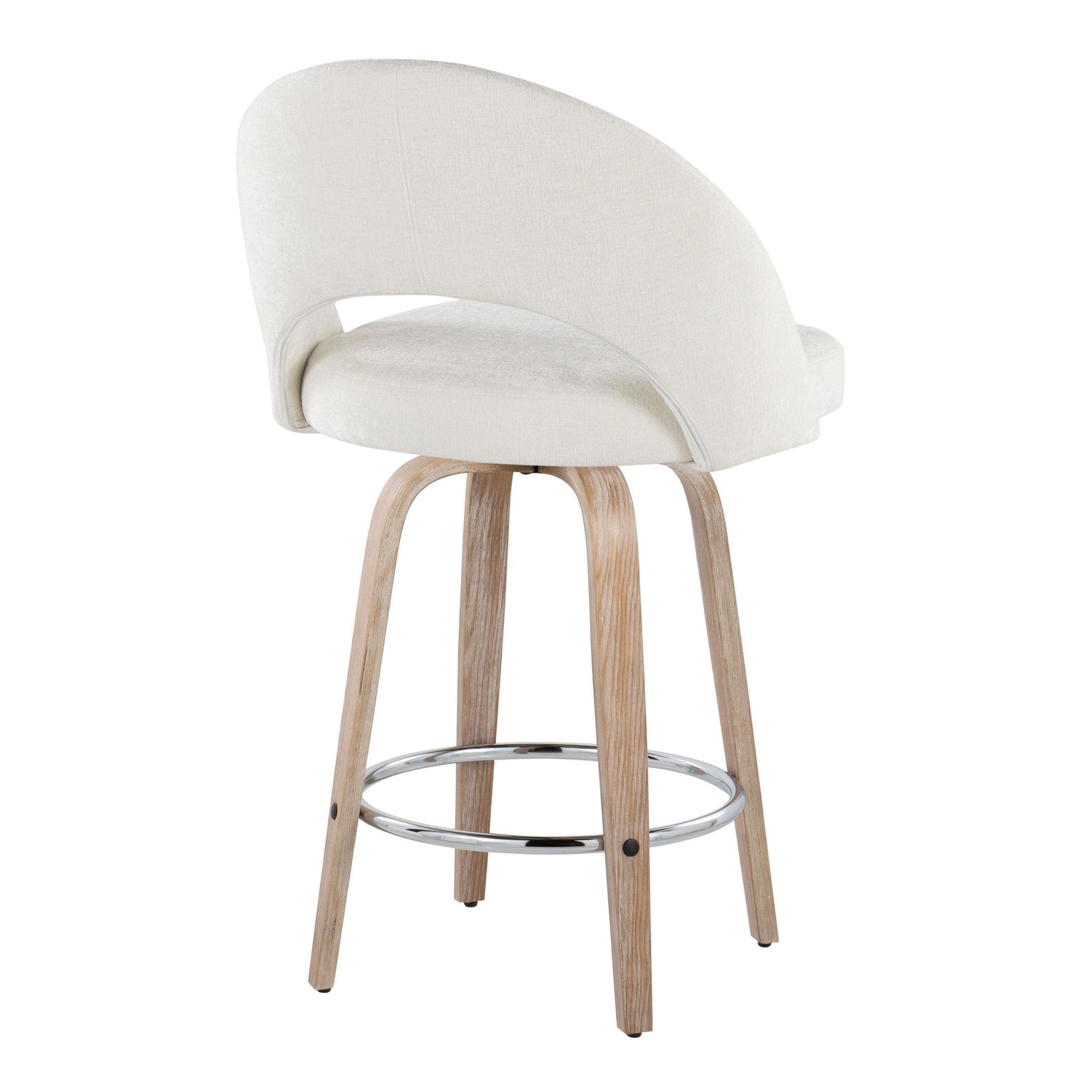 Renee Upholstered 26" Fixed-Height Counter Stool - Set of 2 - Whitewashed Wood, Cream Fabric, Chrome Metal