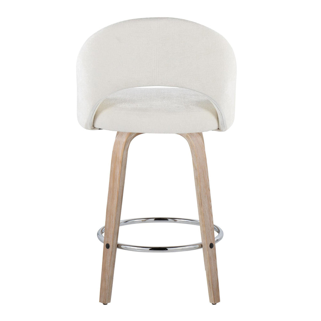 Renee Upholstered 26" Fixed-Height Counter Stool - Set of 2 - Whitewashed Wood, Cream Fabric, Chrome Metal
