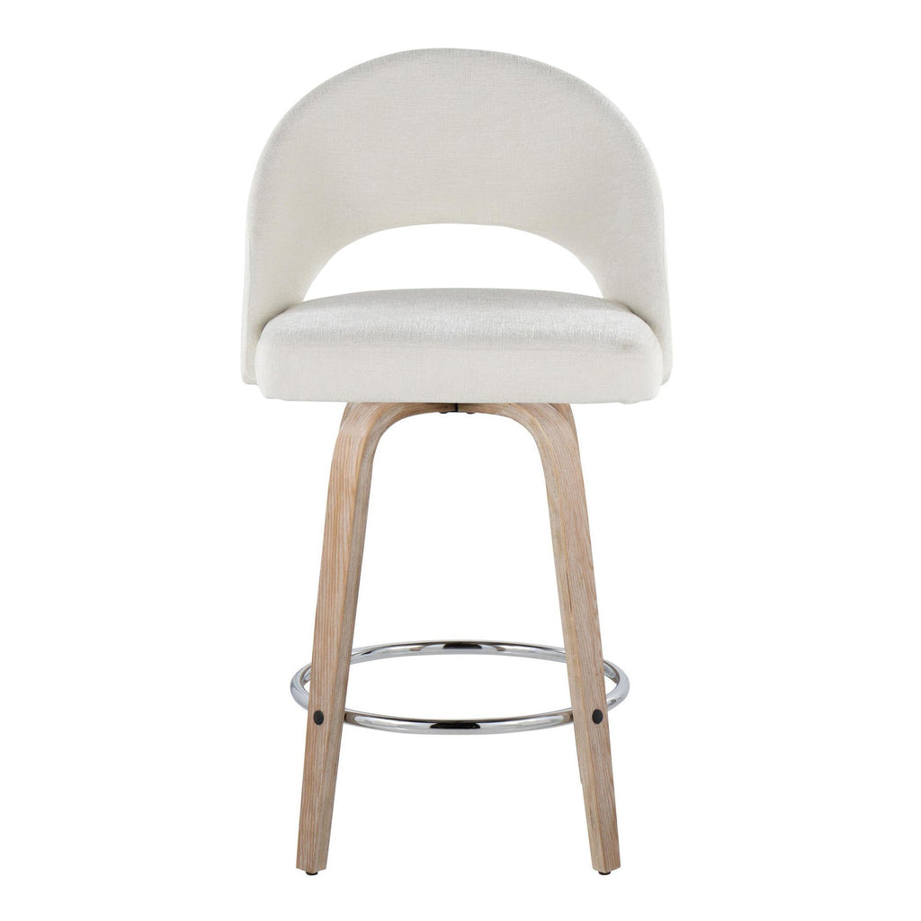 Renee Upholstered 26" Fixed-Height Counter Stool - Set of 2 - Whitewashed Wood, Cream Fabric, Chrome Metal