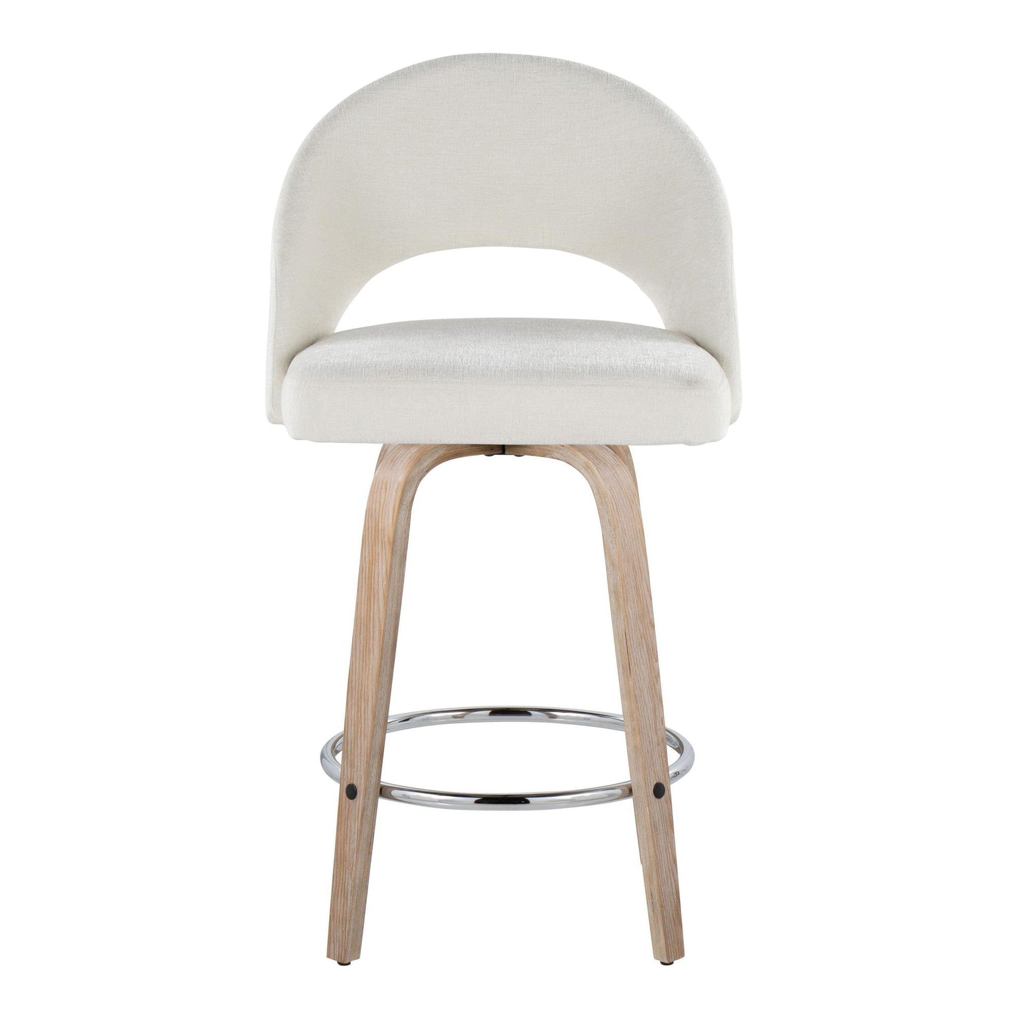 Renee Upholstered 26" Fixed-Height Counter Stool - Set of 2 - Whitewashed Wood, Cream Fabric, Chrome Metal