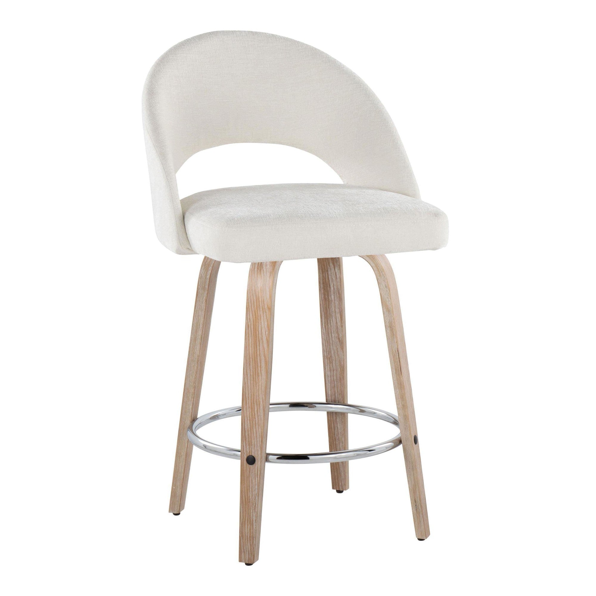 Renee Upholstered 26" Fixed-Height Counter Stool - Set of 2 - Whitewashed Wood, Cream Fabric, Chrome Metal