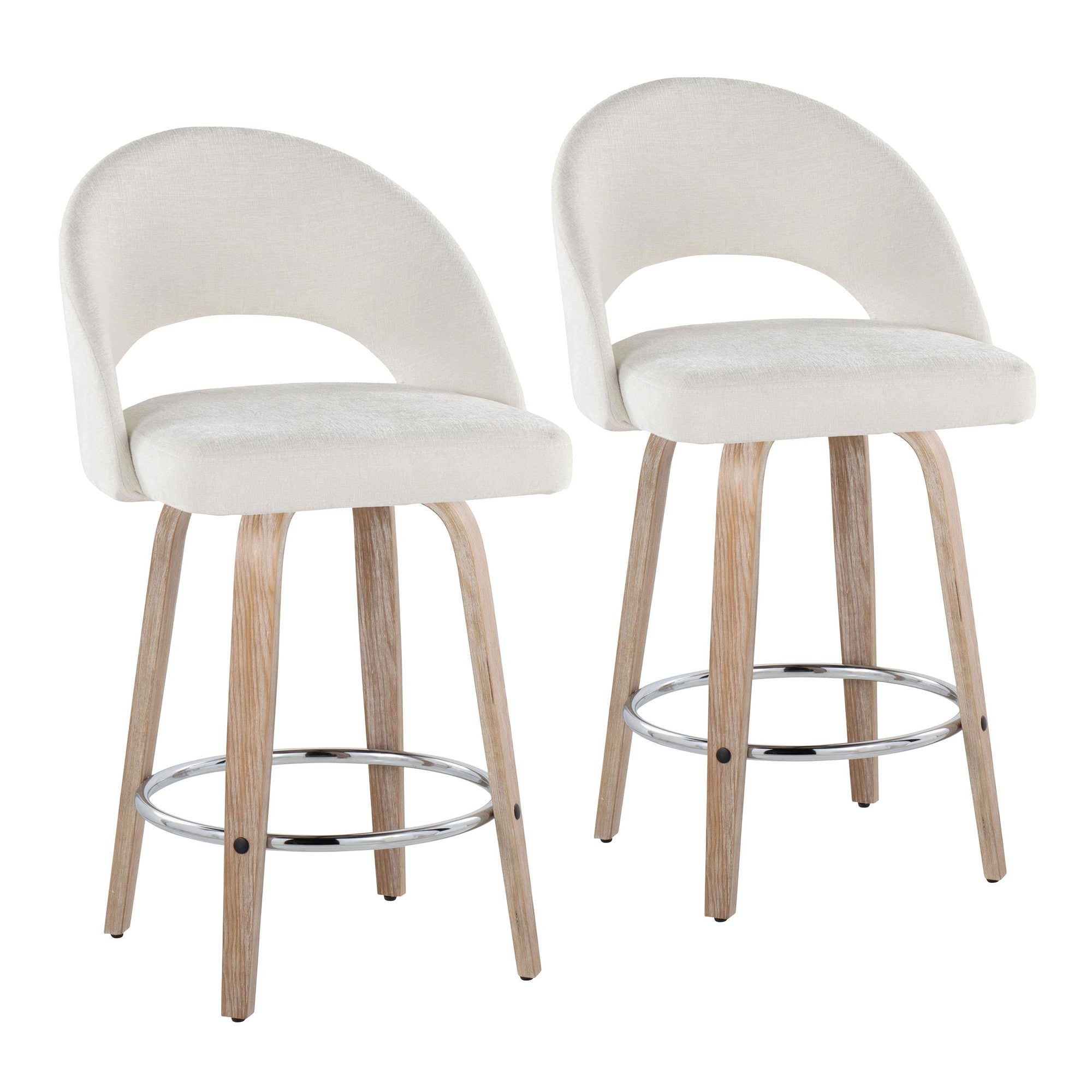 Renee Upholstered 26" Fixed-Height Counter Stool - Set of 2 - Whitewashed Wood, Cream Fabric, Chrome Metal