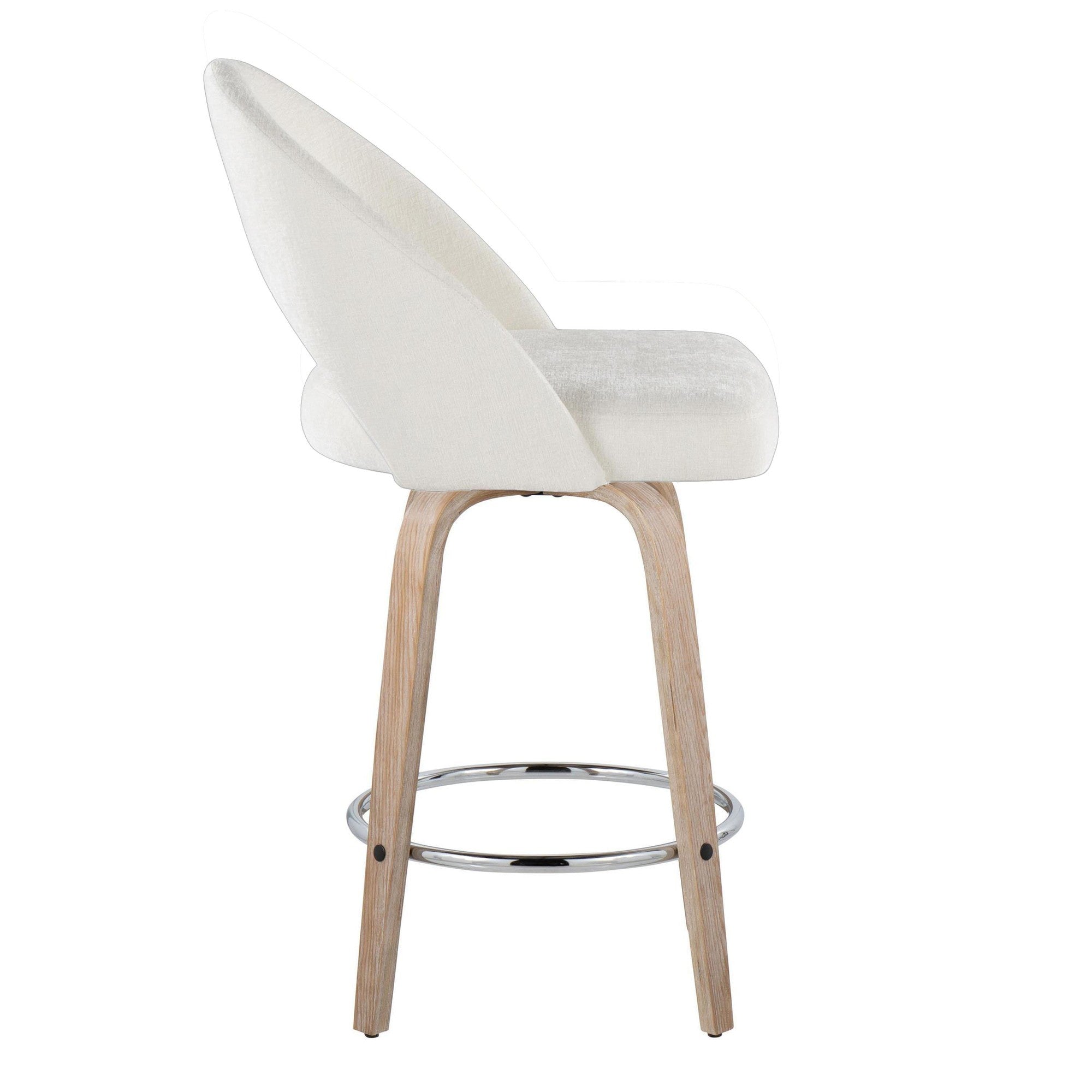 Renee Upholstered 26" Fixed-Height Counter Stool - Set of 2 - Whitewashed Wood, Cream Fabric, Chrome Metal