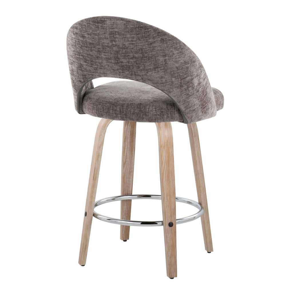Renee Upholstered 26" Fixed-Height Counter Stool - Set of 2 - Whitewashed Wood, Dark Grey Fabric, Chrome Metal