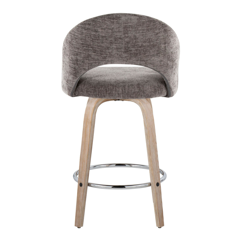 Renee Upholstered 26" Fixed-Height Counter Stool - Set of 2 - Whitewashed Wood, Dark Grey Fabric, Chrome Metal