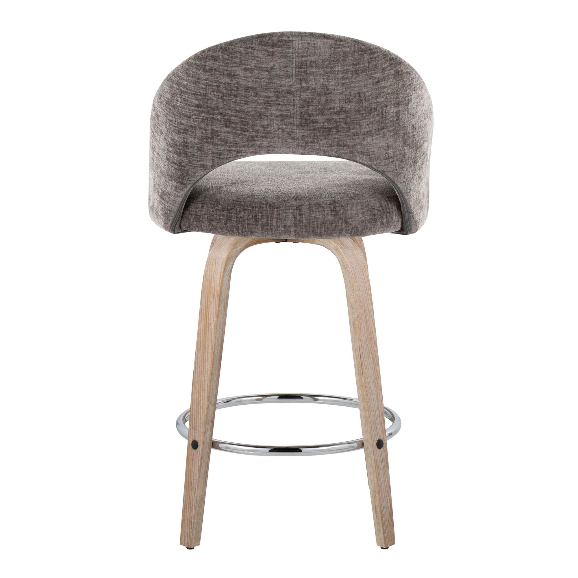 Renee Upholstered 26" Fixed-Height Counter Stool - Set of 2 - Whitewashed Wood, Dark Grey Fabric, Chrome Metal