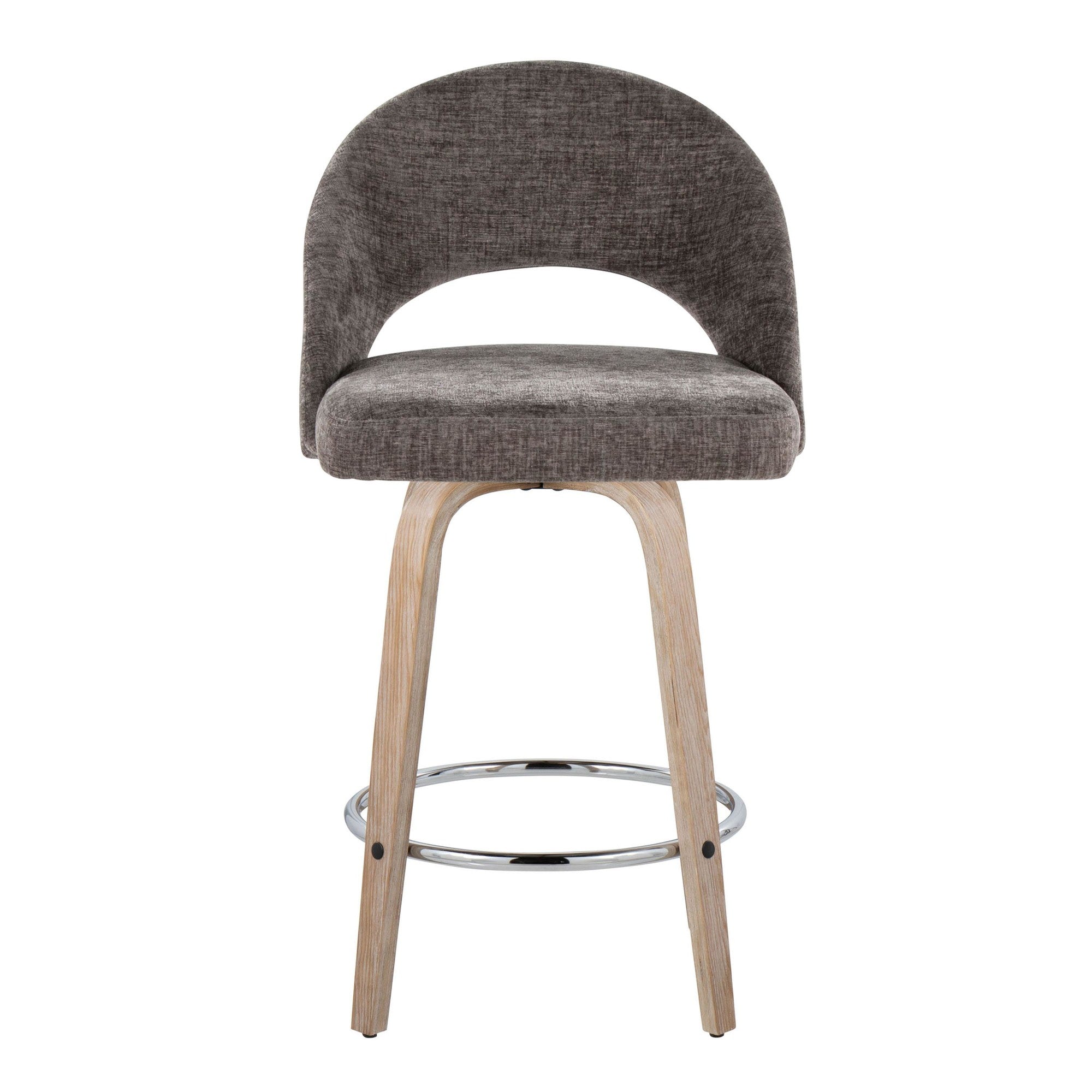 Renee Upholstered 26" Fixed-Height Counter Stool - Set of 2 - Whitewashed Wood, Dark Grey Fabric, Chrome Metal