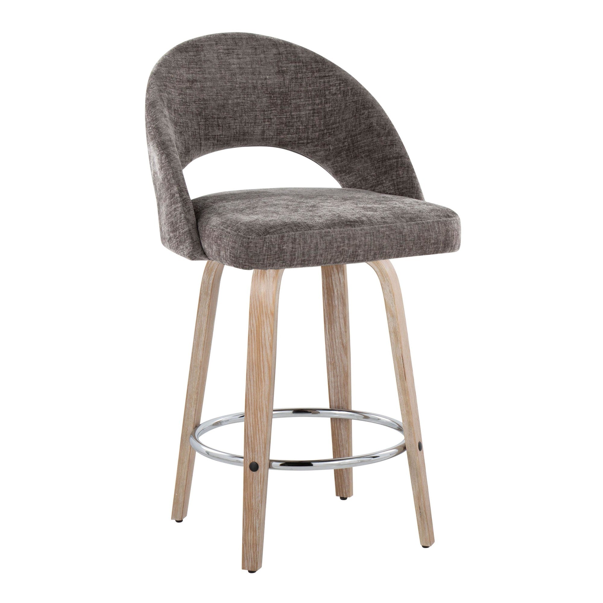 Renee Upholstered 26" Fixed-Height Counter Stool - Set of 2 - Whitewashed Wood, Dark Grey Fabric, Chrome Metal