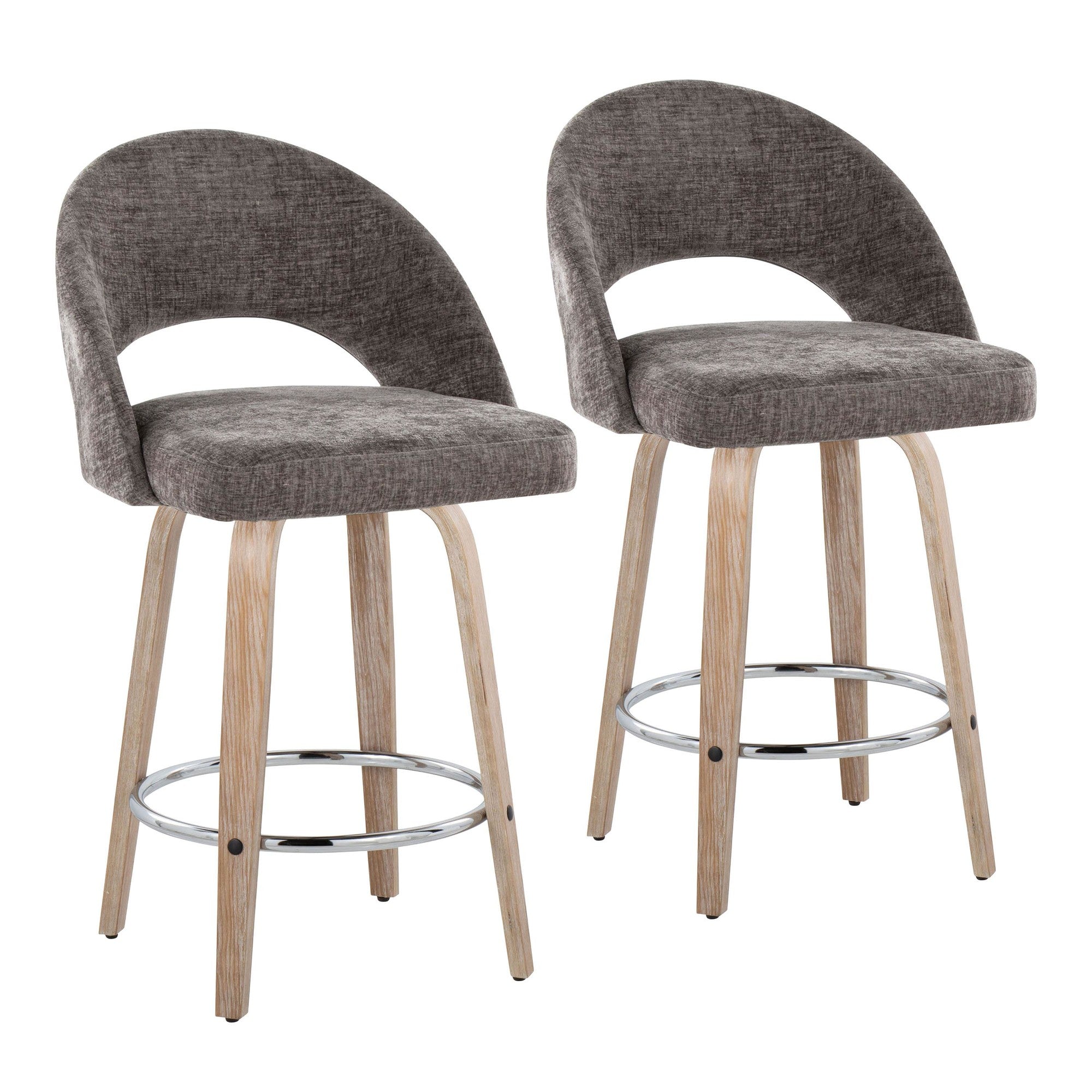 Renee Upholstered 26" Fixed-Height Counter Stool - Set of 2 - Whitewashed Wood, Dark Grey Fabric, Chrome Metal