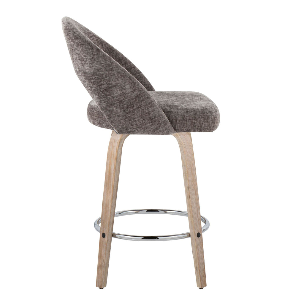 Renee Upholstered 26" Fixed-Height Counter Stool - Set of 2 - Whitewashed Wood, Dark Grey Fabric, Chrome Metal