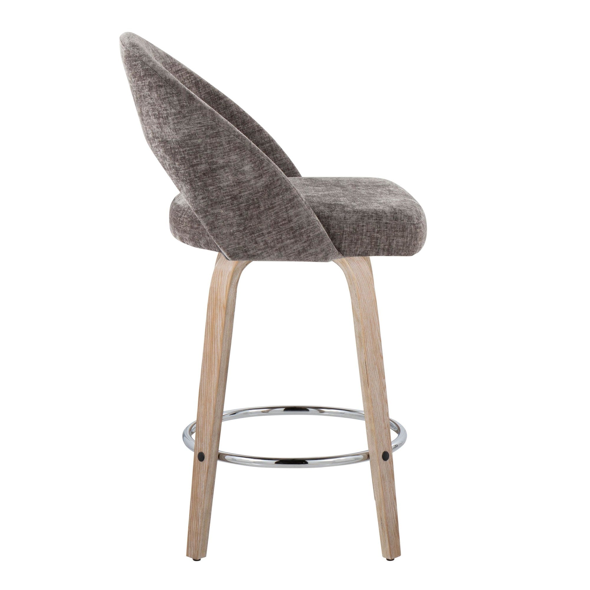 Renee Upholstered 26" Fixed-Height Counter Stool - Set of 2 - Whitewashed Wood, Dark Grey Fabric, Chrome Metal